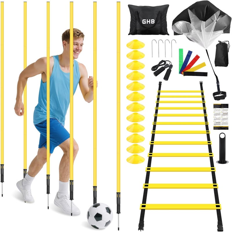 GHB Soccer Agility Training Equipment, 6 Agility Poles, 20ft Speed Ladder, 12 Disc Cones, Resistance Parachute, Jump Rope, 5 Resistance Bands, Soccer Training Poles for Speed Agility Training - Image 1